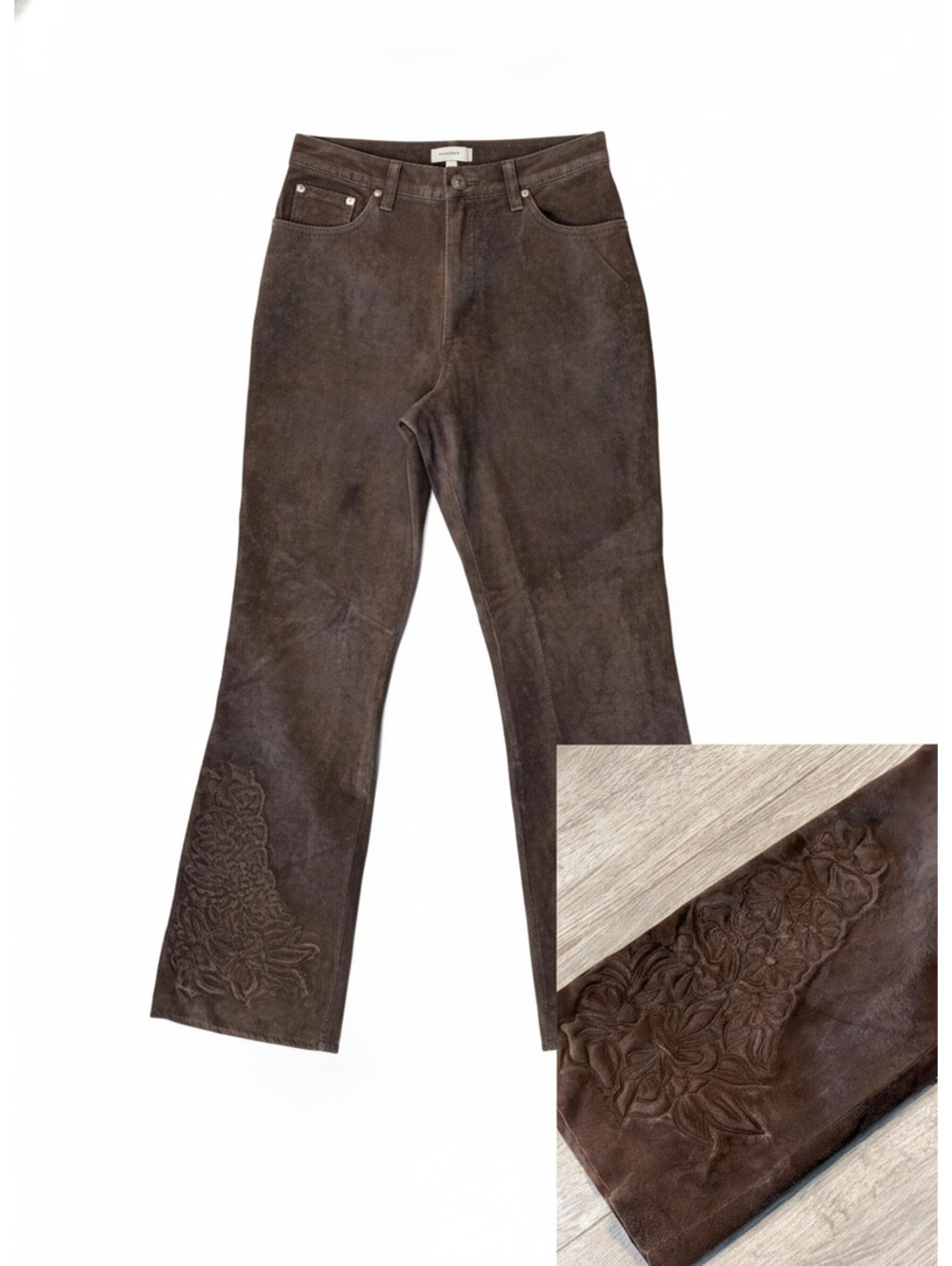 Vintage Margaret Godfrey Brown Suede Embroidered Floral Flare Pants - Size 8P